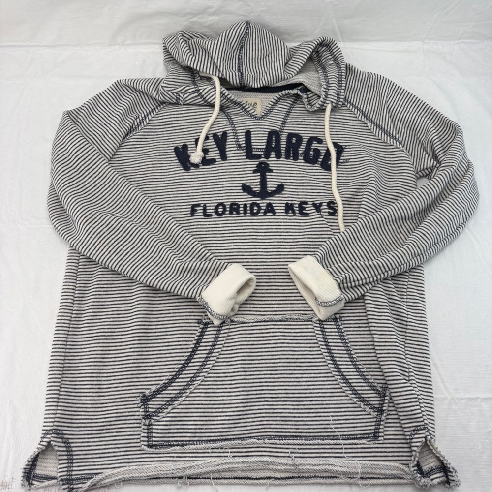 Blue 84 Key Largo Florida Keys Nautical Striped Anchor Hoodie Small Navy White